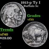 1913-p Ty I Buffalo Nickel 5c Grades vf++
