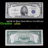1953B $5 Blue Seal Silver Certificate Grades xf+