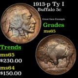 1913-p Ty I Buffalo Nickel 5c Grades GEM Unc