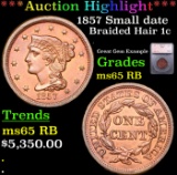 ***Auction Highlight*** 1857 Small date Braided Hair Large Cent 1c Graded ms65 RB By SEGS (fc)