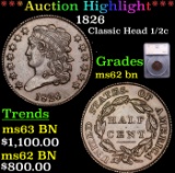 ***Auction Highlight*** 1826 Classic Head half cent 1/2c Graded ms62 bn By SEGS (fc)