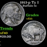 1913-p Ty I Buffalo Nickel 5c Grades vf+