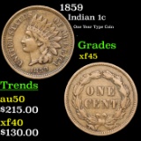 1859 Indian Cent 1c Grades xf+