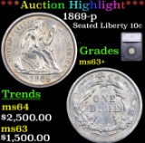 ***Auction Highlight*** 1869-p Seated Liberty Dime 10c Graded ms63+ By SEGS (fc)