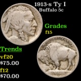 1913-s Ty I Buffalo Nickel 5c Grades f+