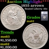 ***Auction Highlight*** 1855 arrows Seated Liberty Quarter 25c Graded ms62 BY SEGS (fc)