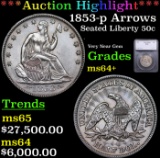 ***Auction Highlight*** 1853-p Arrows & Rays Seated Half Dollar 50c Graded ms64+ BY SEGS (fc)