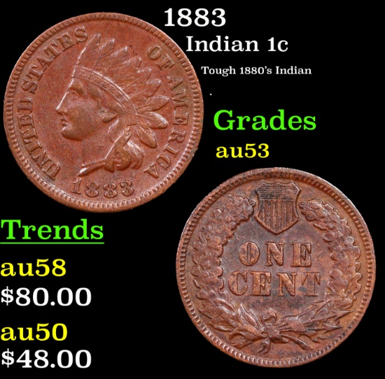 1883 Indian Cent 1c Grades Select AU