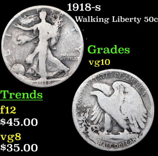 1918-s Walking Liberty Half Dollar 50c Grades vg+
