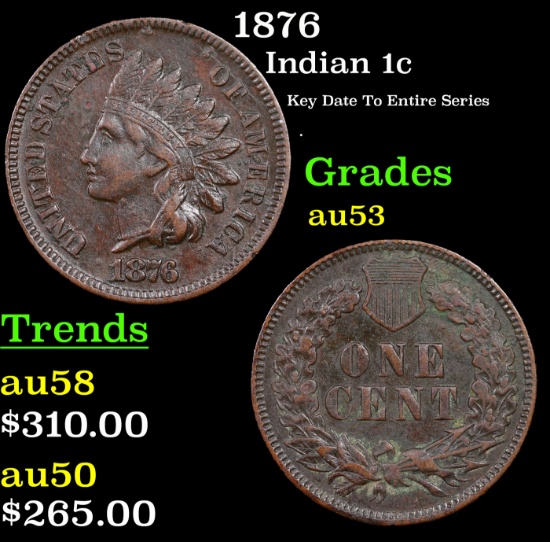 1876 Indian Cent 1c Grades Select AU