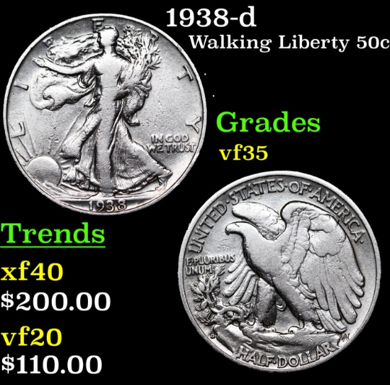 1938-d Walking Liberty Half Dollar 50c Grades vf++
