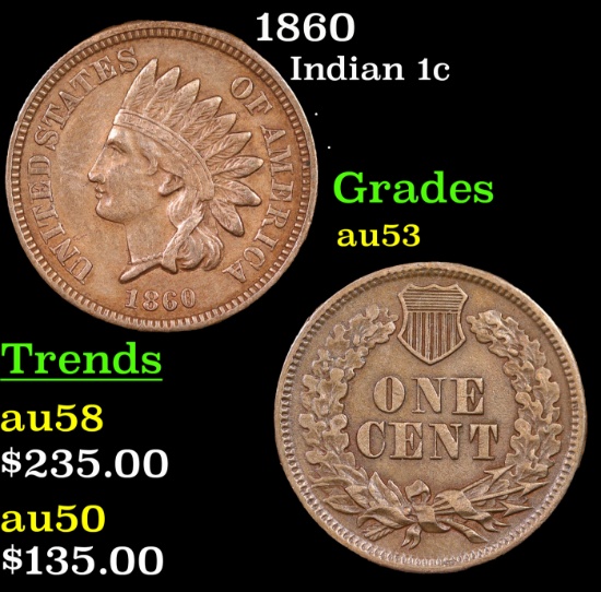 1860 Indian Cent 1c Grades Select AU