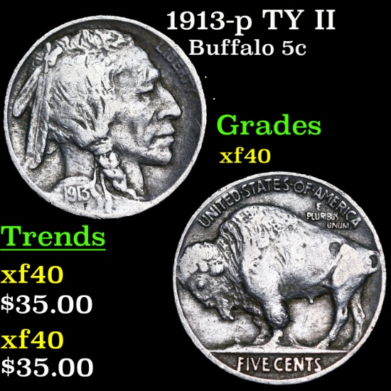 1913-p TY II Buffalo Nickel 5c Grades xf