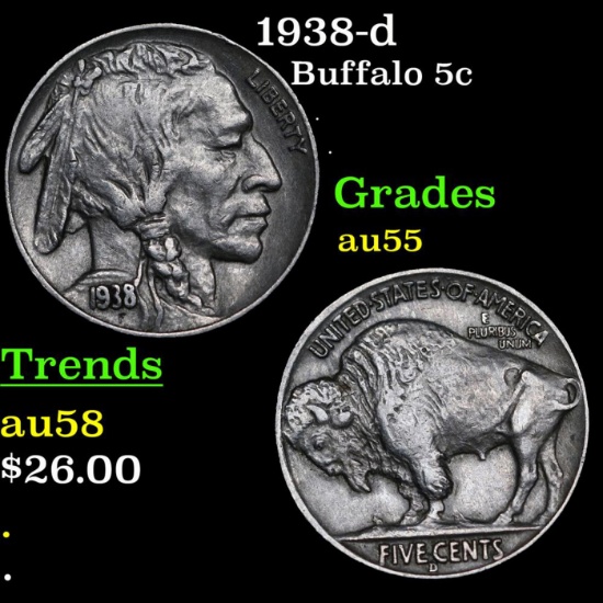 1938-d Buffalo Nickel 5c Grades Choice AU