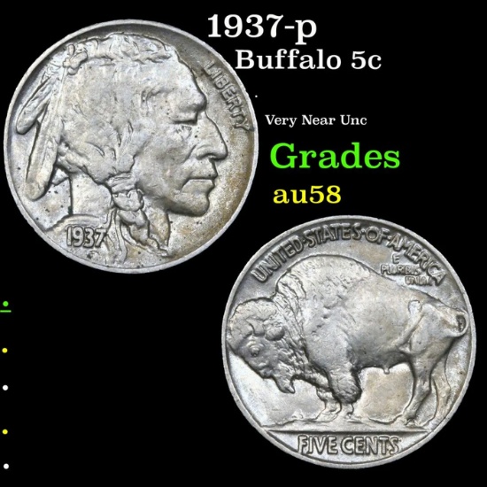 1937-p Buffalo Nickel 5c Grades Choice AU/BU Slider