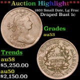 ***Auction Highlight*** 1803 Small Date, Lg Frac Draped Bust Large Cent 1c Graded au53 By SEGS (fc)