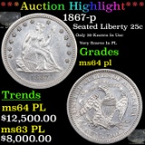 ***Auction Highlight*** 1867-p Seated Liberty Quarter 25c Graded ms64 pl By SEGS (fc)