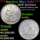 ***Auction Highlight*** 1874 Arrows Seated Half Dollar 50c Graded ms62+ By SEGS (fc)