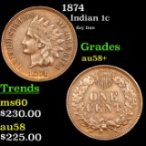 1874 Indian Cent 1c Grades Choice AU/BU Slider+