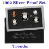 1992 United States Mint Silver Proof Set. 5 Coins Inside. Black box and COA