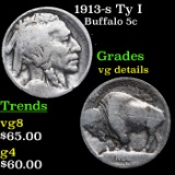 1913-s Ty I Buffalo Nickel 5c Grades vg details