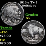 1913-s Ty I Buffalo Nickel 5c Grades f+