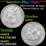 ***Auction Highlight*** 1853 arrow & rays Seated Liberty Quarter 25c Graded Select+ Unc BY USCG (fc)