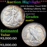 ***Auction Highlight*** 1938-d Walking Liberty Half Dollar Rainbow Toned WOW! 50c Graded ms65+ By SE