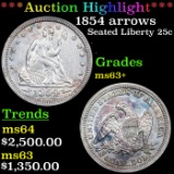 ***Auction Highlight*** 1854 arrows Seated Liberty Quarter 25c Graded Select+ Unc BY USCG (fc)