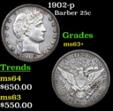 1902-p Barber Quarter 25c Graded ms63+ By SEGS