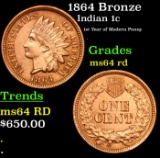 1864 Bronze Indian Cent 1c Graded ms64 rd By SEGS