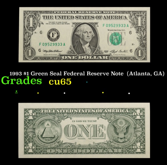 1993 $1 Green Seal Federal Reserve Note  (Atlanta, GA) Grades Gem CU