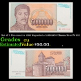 Set of 3 Concecutive 1993 Yugoslavia 5,000,000 Dinara Note P# 132 Grades CU