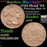 ***Auction Highlight*** 1794 Head '94 Flowing Hair large cent 1c Graded AU, Almost Unc BY USCG (fc)