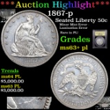 ***Auction Highlight*** 1867-p Seated Half Dollar 50c Graded Select Unc+ PL BY USCG (fc)