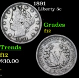 1891 Liberty Nickel 5c Grades f, fine