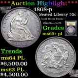 ***Auction Highlight*** 1868-p Seated Half Dollar 50c Graded Select Unc+ PL BY USCG (fc)