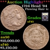 ***Auction Highlight*** 1794 Head '94 Flowing Hair large cent 1c Graded xf+ BY USCG (fc)