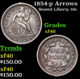 1854-p Arrows Seated Liberty Dime 10c Grades xf