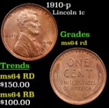 1910-p Lincoln Cent 1c Grades Choice Unc RD