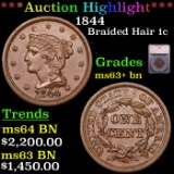 ***Auction Highlight*** 1844 Braided Hair Large Cent 1c Graded ms63+ bn By SEGS (fc)