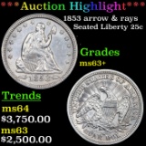 ***Auction Highlight*** 1853 arrow & rays Seated Liberty Quarter 25c Graded ms63+ By SEGS (fc)