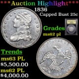 ***Auction Highlight*** 1836 Capped Bust Quarter 25c Graded Select Unc PL BY USCG (fc)