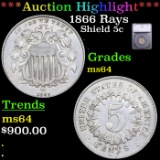 ***Auction Highlight*** 1866 Rays Shield Nickel 5c Graded ms64 By SEGS (fc)