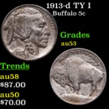 1913-d TY I Buffalo Nickel 5c Grades Select AU