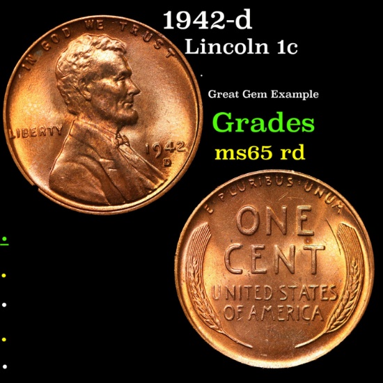 1942-d Lincoln Cent 1c Grades GEM Unc RD
