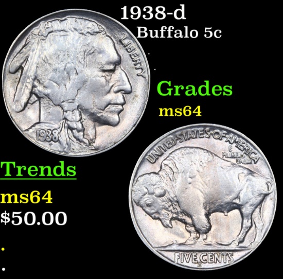 1938-d Buffalo Nickel 5c Grades Choice Unc