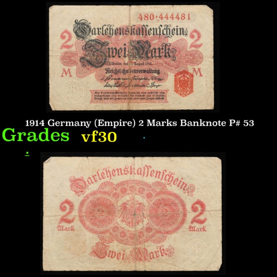 1914 Germany (Empire) 2 Marks Banknote P# 53 Grades vf++