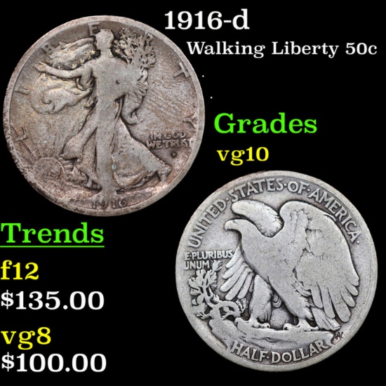 1916-d Walking Liberty Half Dollar 50c Grades vg+