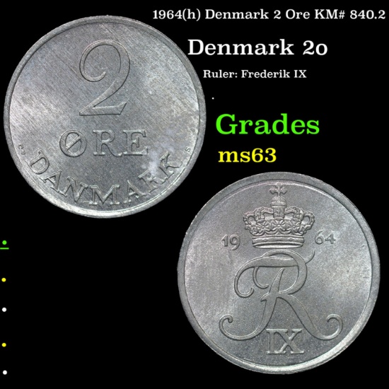 1964(h) Denmark 2 Ore KM# 840.2 Grades Select Unc